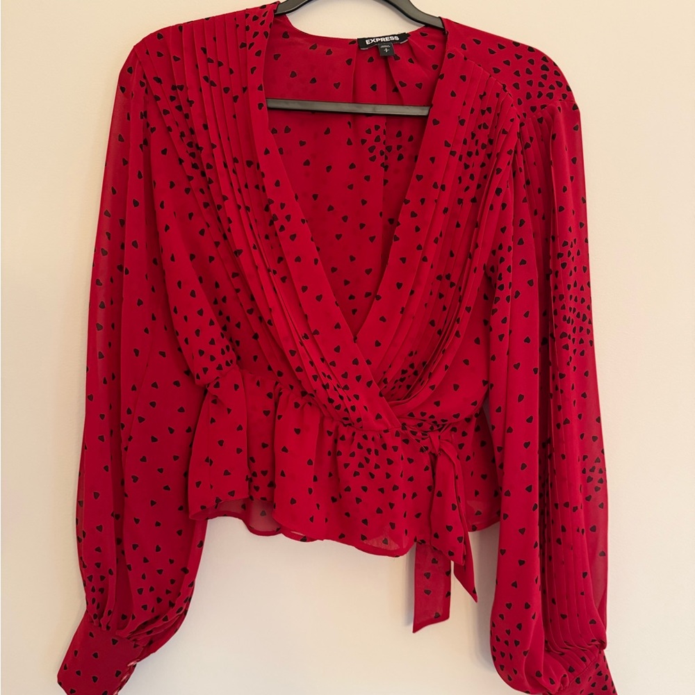 Elegant Red Wrap Blouse with hearts 🖤